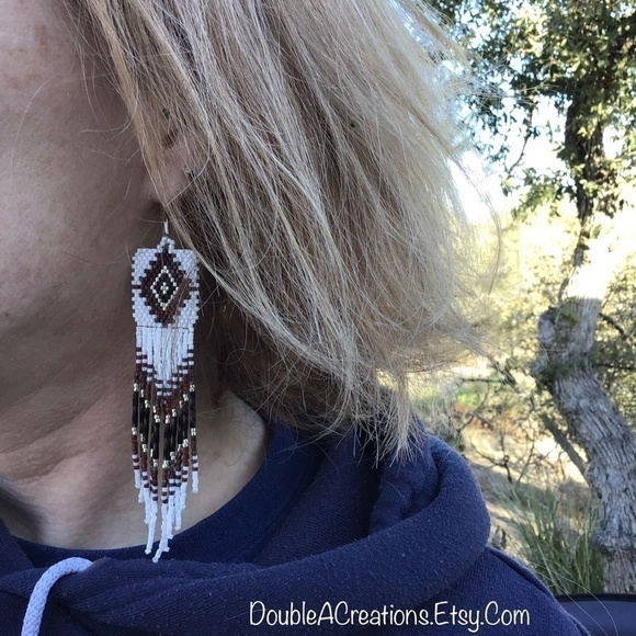 Picasso Red and Black Native Diamond Beaded Earrings with Long Fringe, H… - Picture 7 of 7